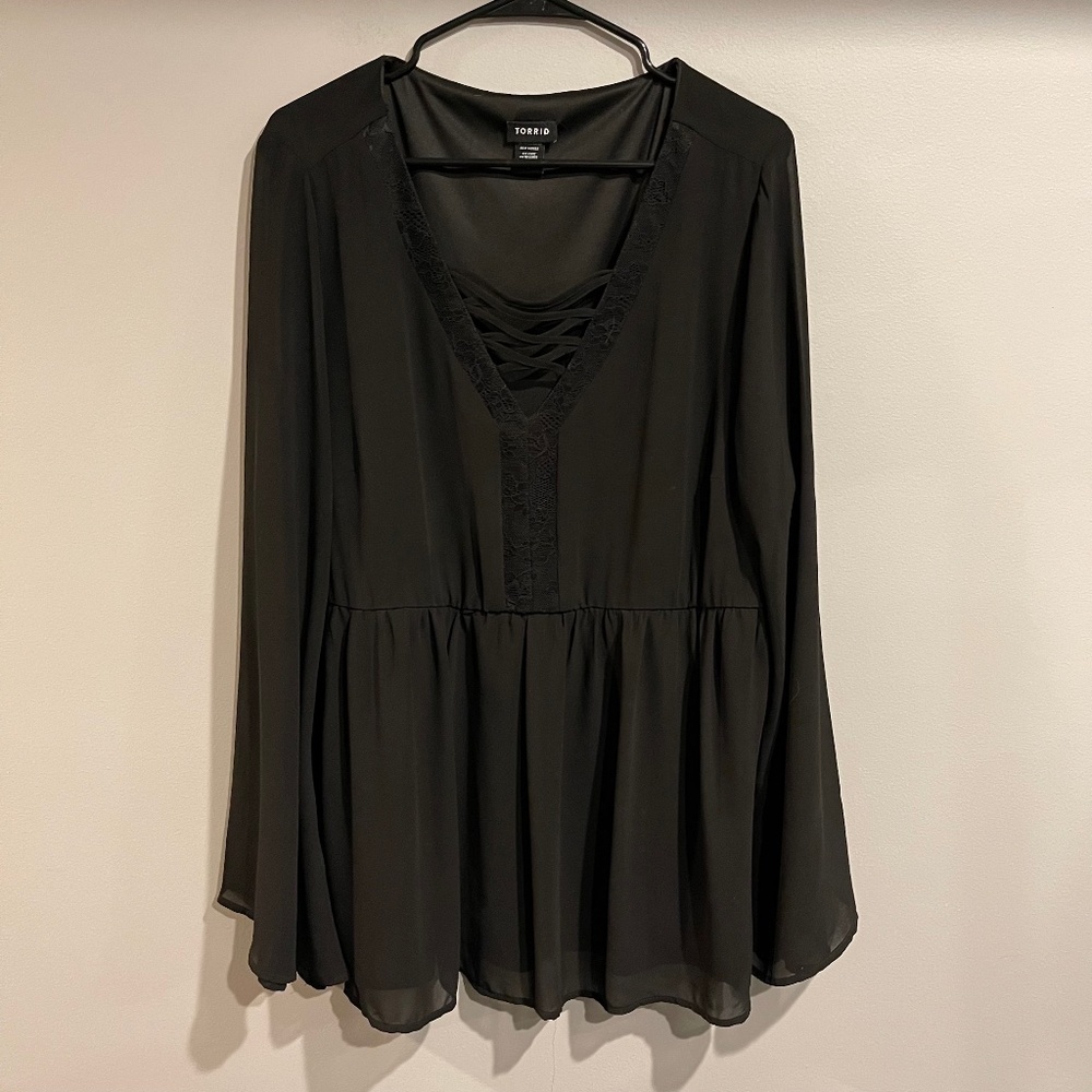 Torrid Embroidered Peplum Crisscross Bell Sleeve Black Women's Blouse
